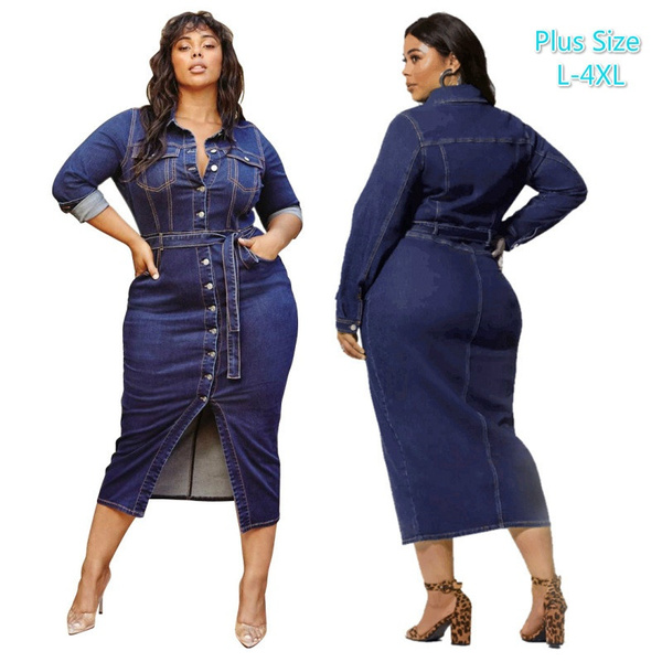 Plus Size 4XL Fitted Denim Jean Dresses With Belt Women Sheath Long Sleeves Slim Vestidos Causal Denim Dresses | Wish