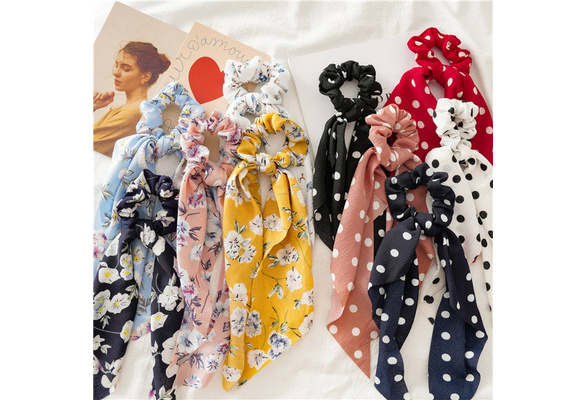 Details about  / Women Streamers Scrunchies Polka Dot Floral Print Elastic Bow Hair Rope DIY Ties