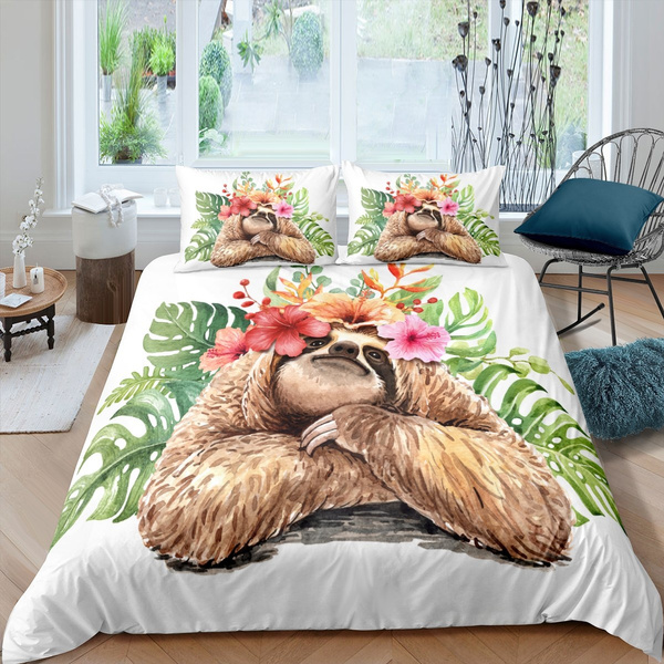 Feelyou Sloth Coverlet Cartoon Sloth Bedspread for Kids Boys Girls Cute Safari Animal Decor Quilt Set Tree Branches Quilted Bedroom Collection 3Pcs King Size