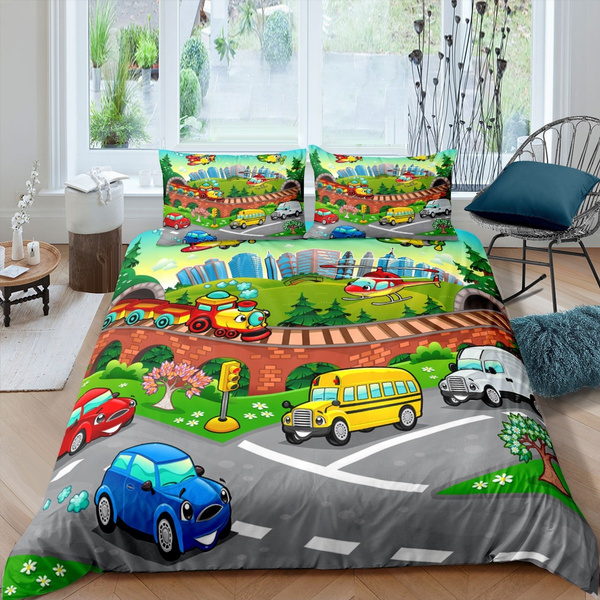 Boys Bedding Set for Girls Kids Children Cartoon Cars Comforter Cover  Vehicles Cars Print Duvet Cover Transportation Bedroom Decor Bedspread  Cover 