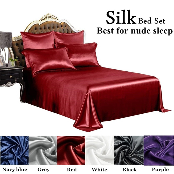 White Satin Silk Bed Sheets Set Queen, Navy Blue And Red Bedding Set