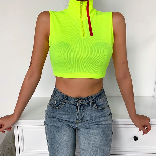 Women Sexy Fitted Turtleneck Sleeveless Crop Tops Neon Green Midriff | Wish