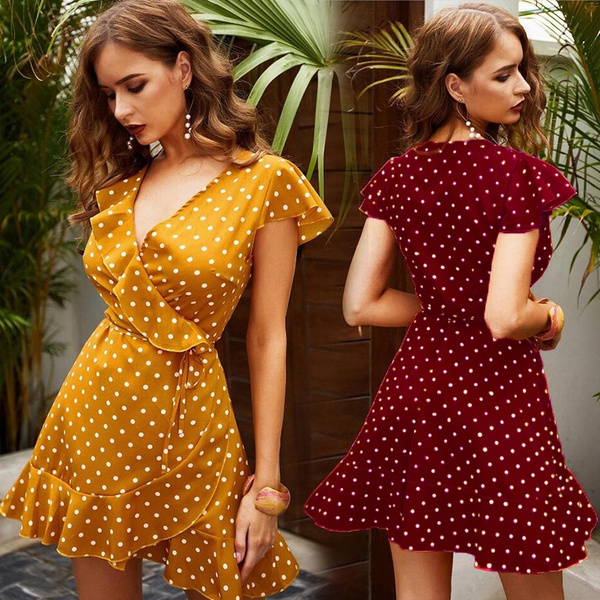 Summer Women Fashion Polka Dot Ruffle V 