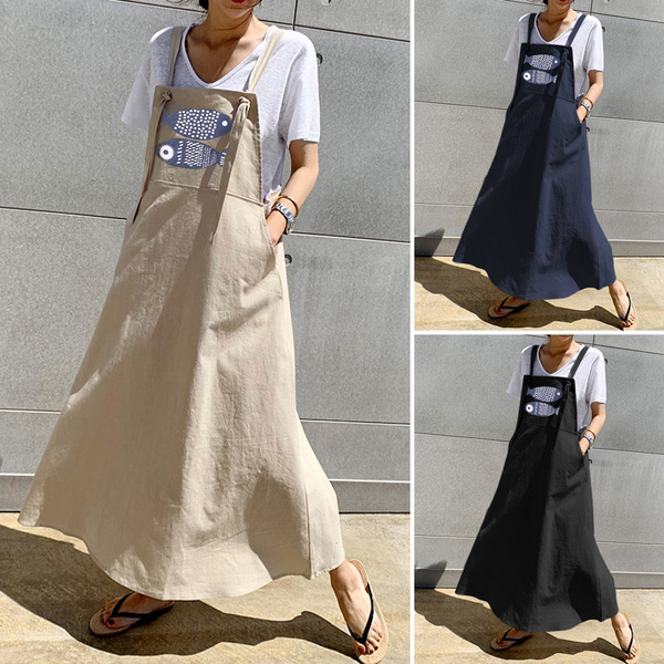 Women Summer Spaghetti Strap Dungaree Dress Maxi Sundress Fish Print  Pockets Cotton Linen Loose Casual Long Pinafore Dress Plus Size