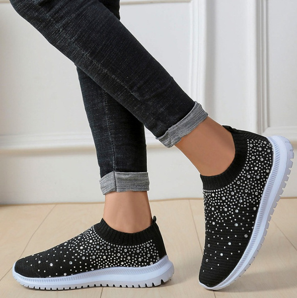 Women Fashion Crystal Flats Sneakers Casual Slip on Sock Trainers Summer Women Zapatillas Mujer