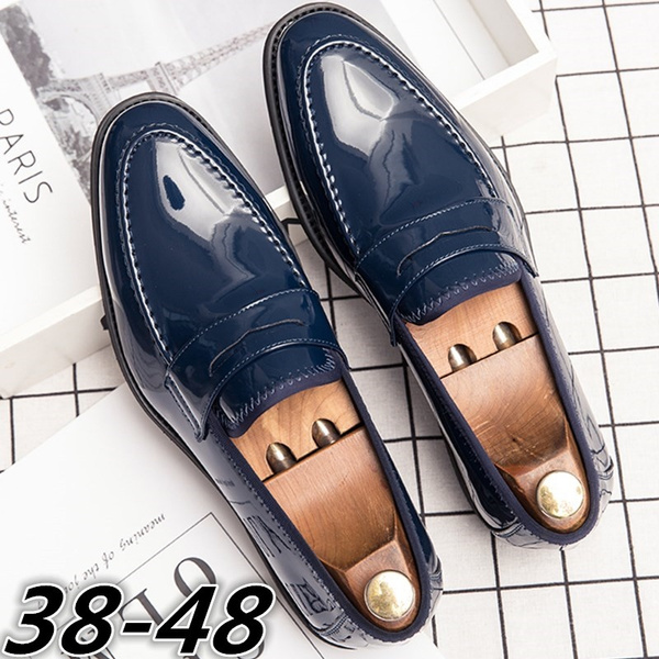 Men's Black/Blue Patent Leather Penny Loafers Mens Moc Toe Leather Slip ...