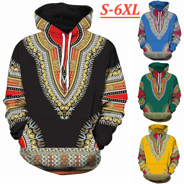 Generic Mens Hoodies African 3D Print Long Sleeve Dashiki Sweatshirt Top 