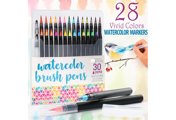 Watercolor Brush Pens, Set of 28 Colors Watercolor Markers and 2