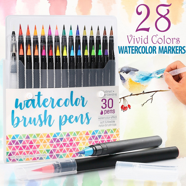 Watercolor Brush Pens, Set of 28 Colors Watercolor Markers and 2 Refillable  Water Pens, Flexible Real Brush Tips, Watercolor Paint Pens for Coloring,  Calligraphy, Sketching, Doodling, Drawing