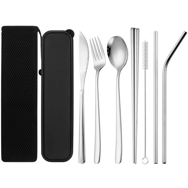 9-Piece Travel Utensils, Reusable Utensils with Case, Portable Travel  Camping Cutlery Set, including Knife Fork Spoon Chopsticks Cleaning Brush  Metal Straws, Stainless Steel Flatware Set