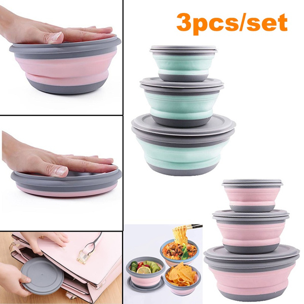 3pcs/set Portable Silicone Folding Bowl Telescopic Collapsible Salad Dish  Food Bowl for Kitchen Outdoor Camping Tableware