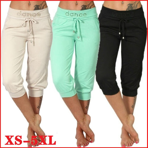 Ladies Fashion Casual Plus Size Summer Capris Loose 3/4 Pants Women's Solid  Color Drawstring Pocket Cropped Trousers Jogger Sport Yoga Running Fitness