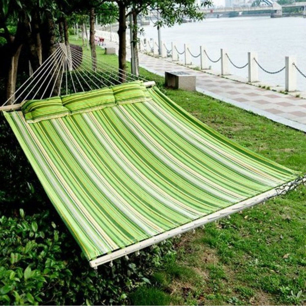 Heavy Duty Quilted Fabric Double Hammock With Pillow Spreader Bar 2 Person Swing 