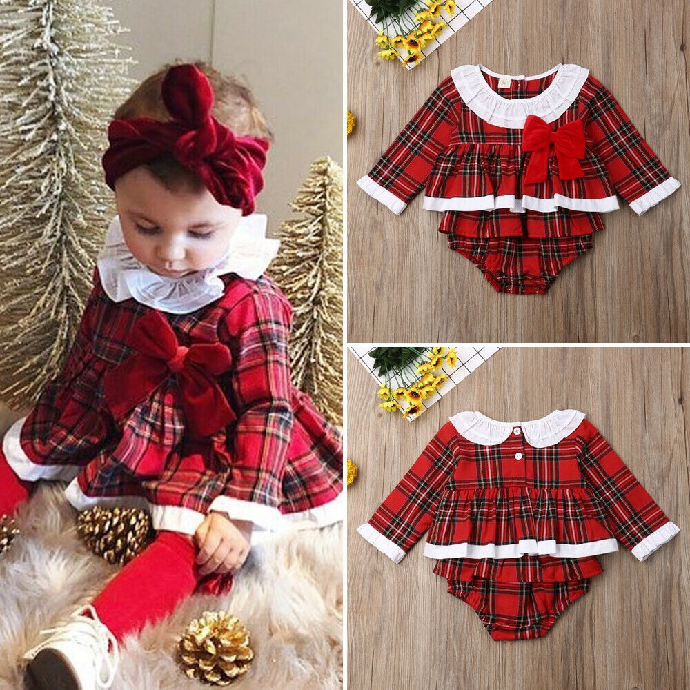 Longfei Newborn Baby Girl Christmas Romper Xmas Red Plaid Bodysuit Dress Ruffle Sleeveless Party Playsuit Outfit Clothes