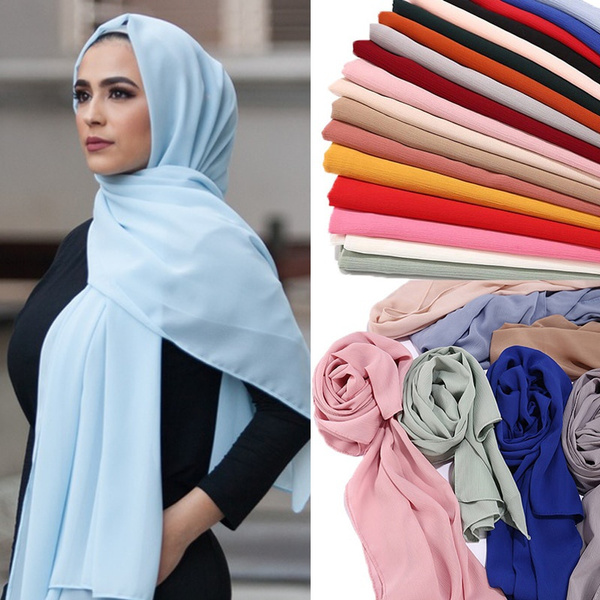 Plain Bubble Chiffon Hijab Shawl Scarf Women Solid Color Long