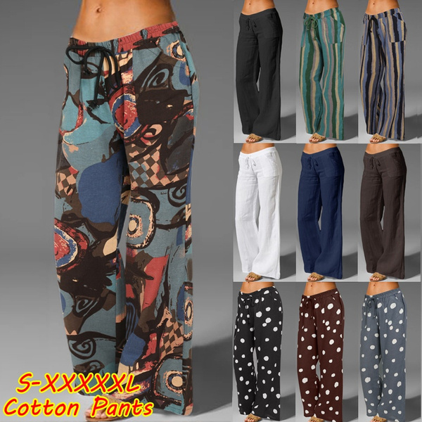 Womens Cotton Linen Trousers Baggy Long 