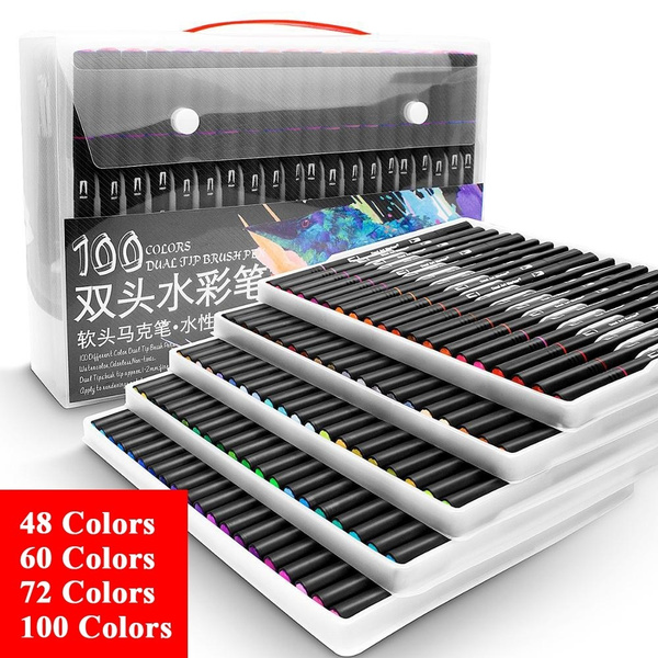 60 Colors Dual Tips Watercolor Drawing Pens Fine Tip Brush Paint Art Markers Set