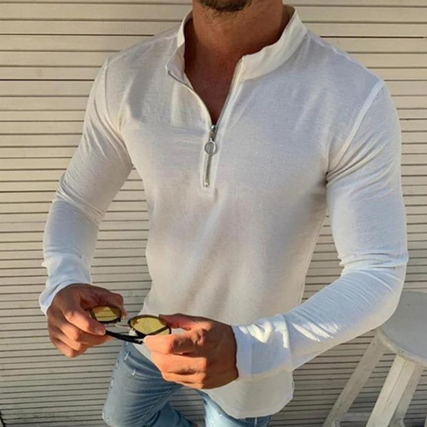 Long Sleeve T-shirt Plain Color Zipper 