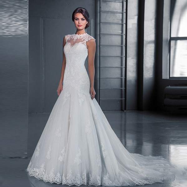 Gorgeous Full Lace Mermaid ivory Wedding Dress Sleeveless Bridal Gown Size 6 8 