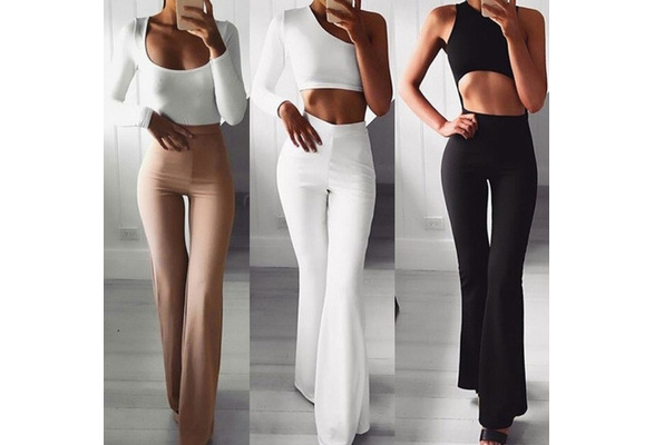 Womens Solid High Waist Flare Wide Leg Chic Trousers Bell Bottom