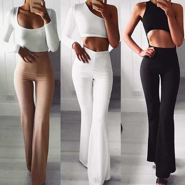 Women's Flared Leg High Waist Pants Solid Color Casual Stretchy Vintage  Bell Bottom Pants Soft Comfy Elastic Waist Slim Fit Lounge Trousers