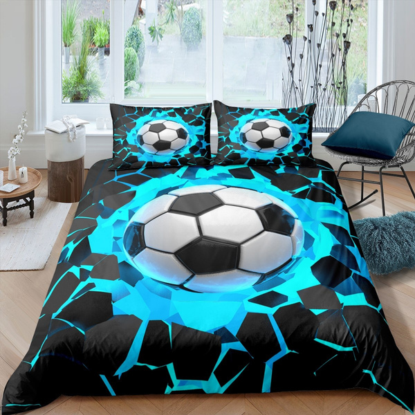 Twin-172x218cm,A 3D Soccer Comforter Set for Boys/Teen/Kids Football Pattern Sports Theme Quilt Set Design Quilted Bedspread Coverlet with 2 Pillow Sham,School Dormitory Bedroom Decor Bedding 