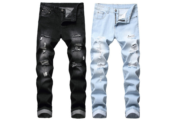 New trendy brand ripped jeans men's ins straight irregular wide-leg beggar  pants | eBay