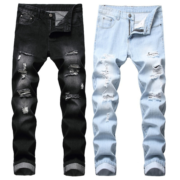 Men's Jeans Distressed Ripped Straight Slim Fit Jeans Denim Pants Beggar  Scratched Pencil Pants Mens Black Blue Jeans Casual | Wish