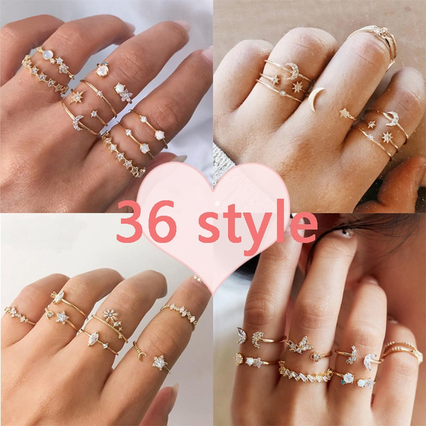 Vintage Gold Star Moon Rings Set knuckle ring Love ring Twist Finger Ring  Crystal Ring 2020 Female Bohemian Jewelry Gifts