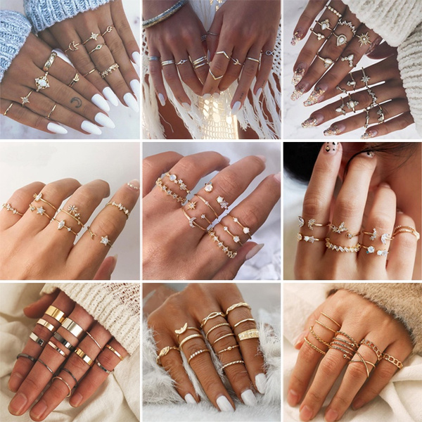 Vintage Gold Star Moon Rings Set knuckle ring Love ring Twist Finger Ring  Crystal Ring 2020 Female Bohemian Jewelry Gifts