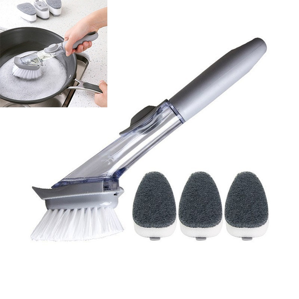 Long Handle Kitchen Cleaning Brush 2 in 1 Automatic Liquid Dispenser Sponge  PP Dish Washing Brush Set Kitchen Pot Clean Tools