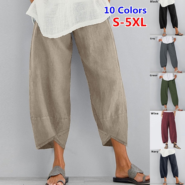 Women's Fashion Summer Elastic Waist Loose Solid Long Pants Ladies Cotton  Linen Trousers Plus Size 10 Colors