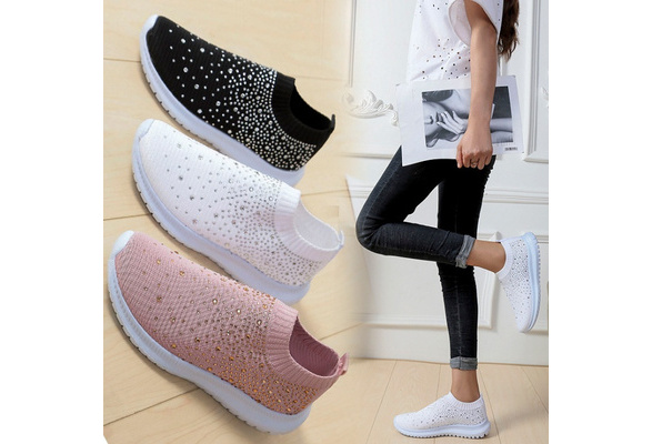 YONSIN Womens Ladies Fashion Casual Crystal Bling Sock Trainers Slip On Sport Shoes Fashion Flat Walking Sandals Oversized Rhinestone Flyknit Slip-on Sneaker