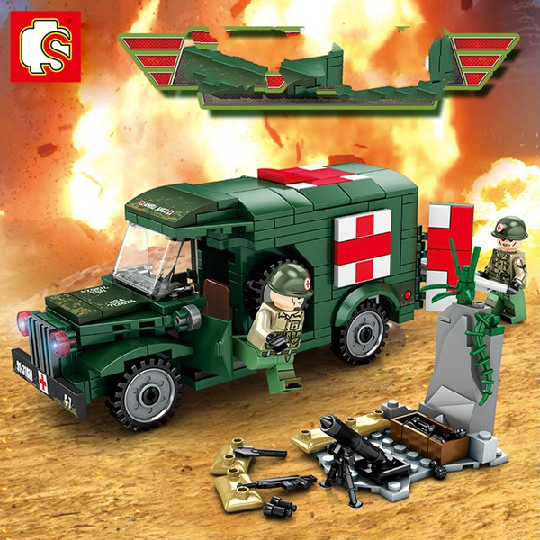 Sluban Military Army Ambulance Jeep Soldier Building Bricks Blocks Set B6000 