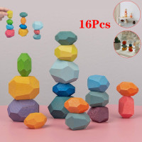 10 Pack Wooden Colorful Stone Building Blocks Set Natural Balancing Blocks Stacking Game kit Educational Block Puzzle Toys