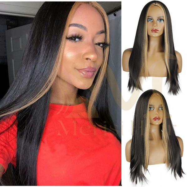 Straight Black with Blonde Highlights In Front Custom Virgin Wigs | Wish