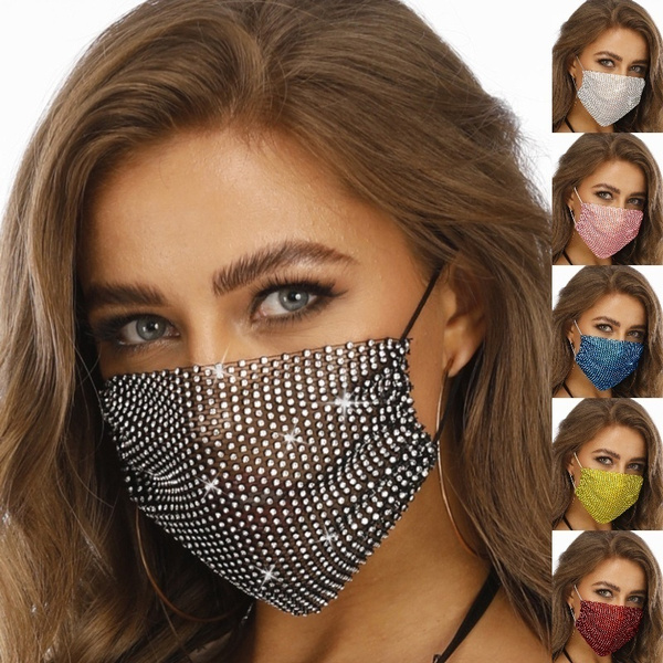 6 COLORS Women Fashion Diamond Mask Faux Crystal Half Face Cover ...
