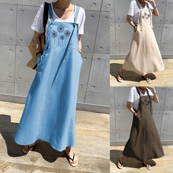 Plus Size Womens Sleeveless Long Dress Dungaree Cotton Linen Casual  Oversized Pinafore Overall Dresses | Wish
