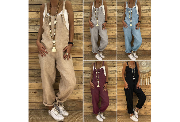 COTRIO Women's Casual Loose Baggy Bib Overalls Daisy Pattern Jumpsuits Rompers Cotton Linen Pants Suspenders Trousers