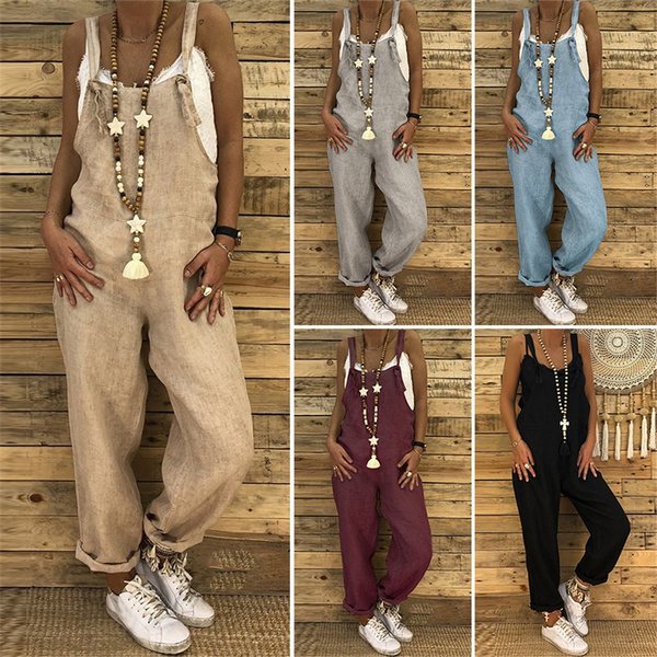 Frobukio Jumpsuits for Women Casual Loose Plus Size Overalls Retro Print Wide Leg Buttons Playsuit Rompers with Pockets 