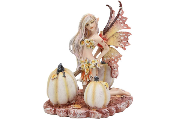 Ebros Amy Brown Autumn Maple Elf Fairy with White Pumpkins Statue 5