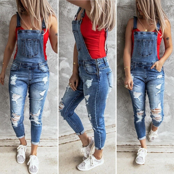Women Retro Denim Bib Overalls Jeans Jumpsuits and Rompers Ladies Ripped  Hole Casual Stretch Long Playsuit Pockets Jumpsuit