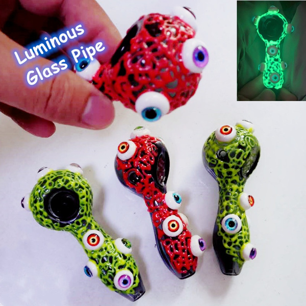 4 Luminous Eyeball Glowing In The Dark Glass Hand Smoking Spoon Pipe Green Red Wish 4 Luminous Eyeball Glowing In The Dark, Glow In The Dark Glass Hand Pipes