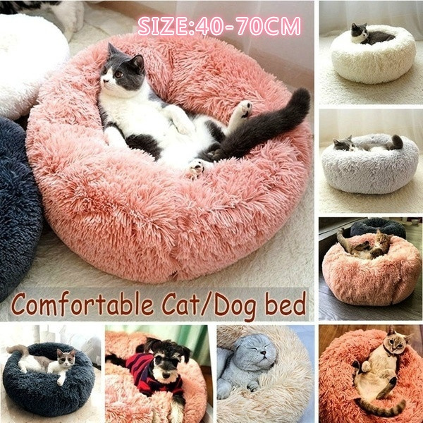 New Round Plush Cat Bed House Soft Long Plush Cat Bed Round Pet Dog Bed ...