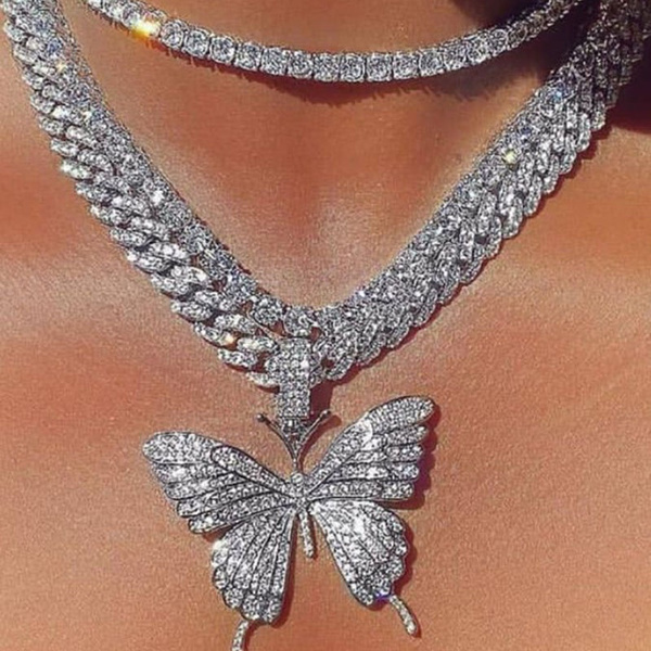 Icy Bling diamant\u00e9 yellow gold choker crystal Rhinestone Iced Butterfly pendant party necklace Christmas gift Rhinestone Butterfly necklace