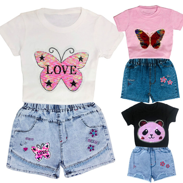 Summer Girls Clothes Short Sleeve T shirt Reversible Sequins and Denim  Shorts For Kids Children Girl Summer Clothing Set