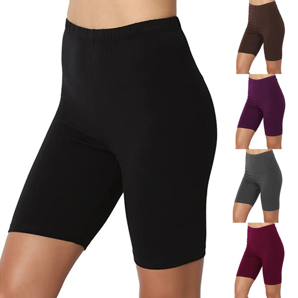 Women Sport Yoga Short Pants Leggings Solid Mid Thigh Stretch Cotton Span  High Waist Running Athletic Shorts Pants
