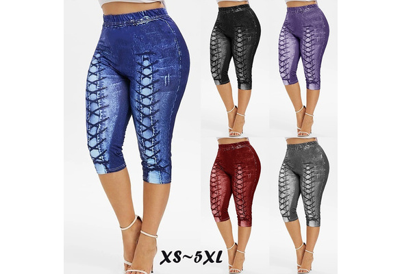 Women Fashion 3D Jean Print Capri 