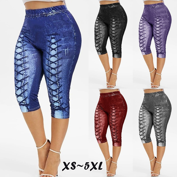 Women Fashion 3D Jean Print Capri Leggings Casual Yoga Pants Elastic ...