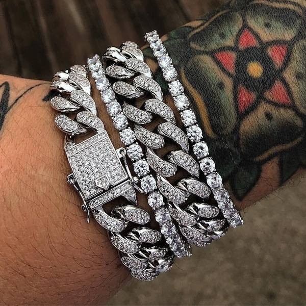 925 Sterling Silver Iced out Cuban Link Bracelet for men, Cuban Bracelet  Men's Sterling Silver With Diamonds